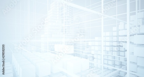 Abstract white architectural interior from an array of white cubes with large windows. 3D illustration and rendering.