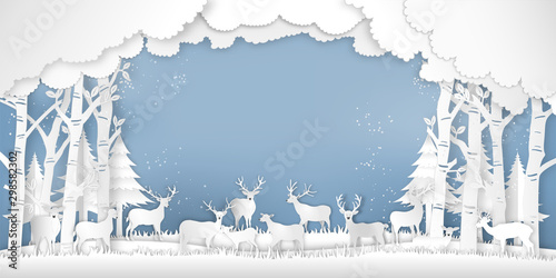Paper art , cut and digital craft style of Deers in the pine forest in the winter season with trees and snow  as Merry Christmas and happy new year concept. vector illustration