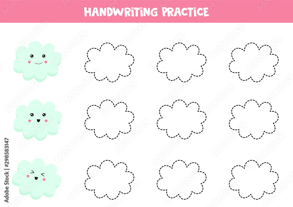Educational worksheet for preschool kids. Tracing lines. Handwriting practice with clouds. 