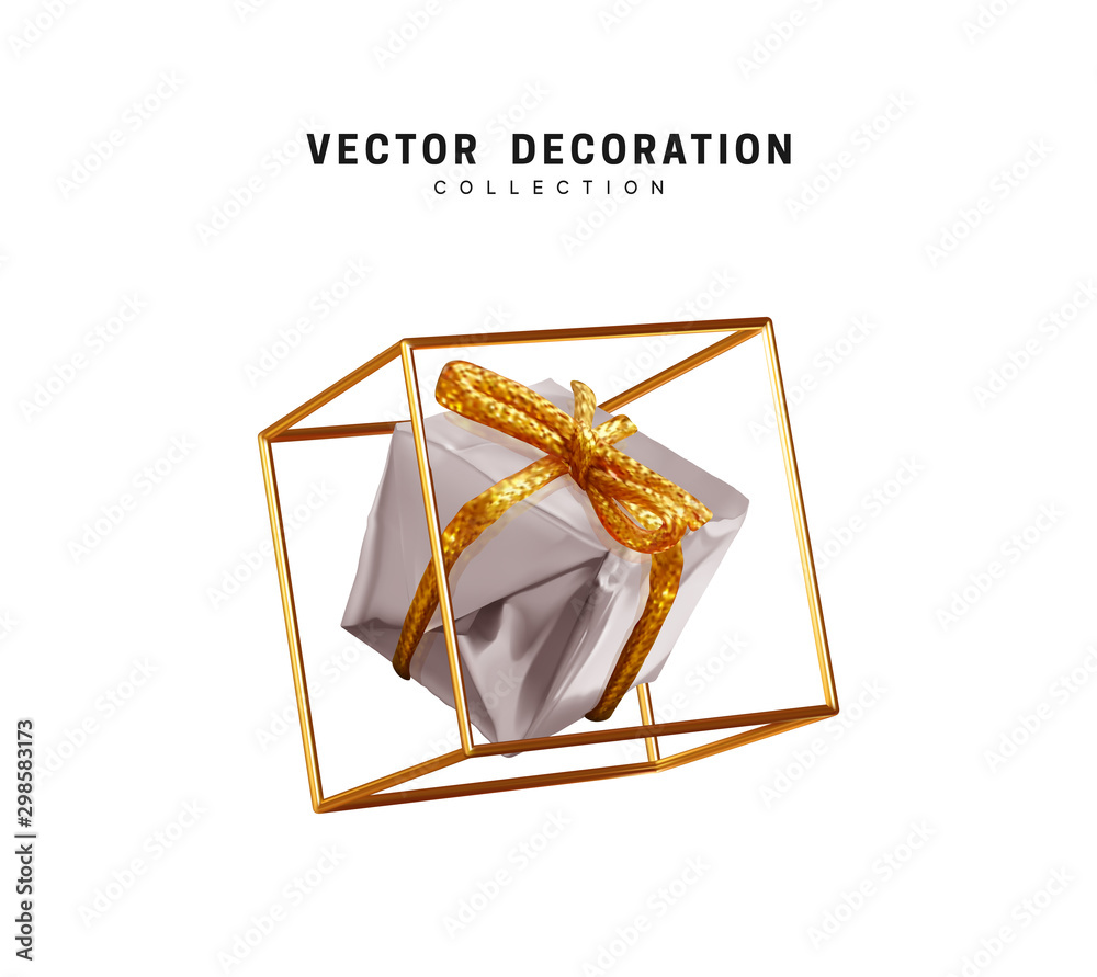 Creative realistic gift boxes in an empty golden cube. Festive decorative design elements. Decoration holiday objects. Vector illustration. Creative realistic gift boxes in an empty golden cube. Festive decorative design elements. Decoration holiday objects. Vector illustration.