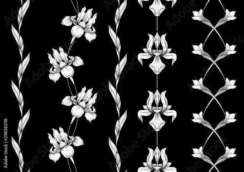 Iris flower, fleur-de-lis, flower-de-luce, flag. Seamless pattern, background. Black and white graphics. Vector illustration. In art nouveau style, vintage, old, retro style. In botanical style. photo