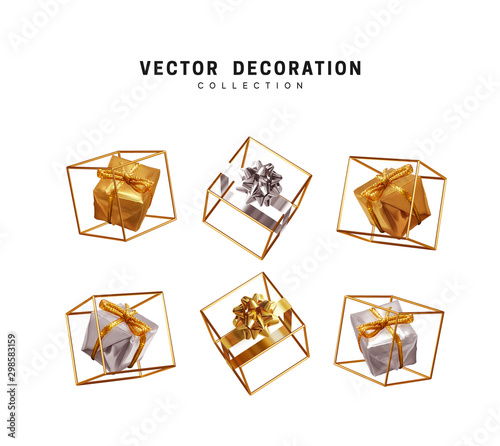 Set of creative realistic gift boxes in an empty golden cube. Festive decorative design elements. Decoration holiday objects. Vector illustration.