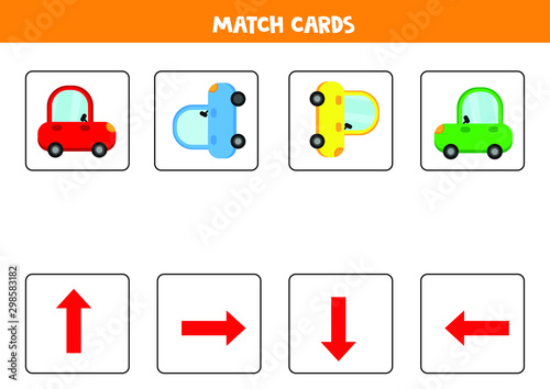 Educational worksheet for preschool kids. Match cards with cars. Spatial orientation. Left and right