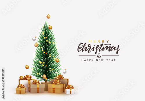 Merry Christmas and Happy New Year. Xmas presents under the Christmas tree. Decorative Pine spruce tree. Realistic brown and white gift boxes. Festive background Greeting card, banner, poster.