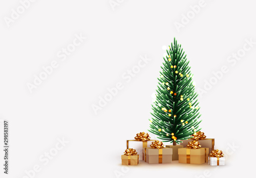 Merry Christmas and Happy New Year. Xmas presents under the Christmas tree. Decorative Pine spruce tree. Realistic brown and white gift boxes. Festive background Greeting card, banner, poster.