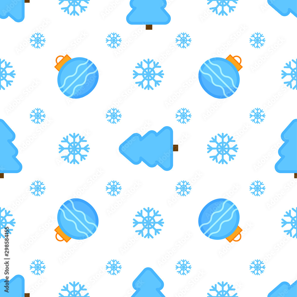 Cute Christmas seamless pattern in blue colors. Fir tree, balls and snowflakes.