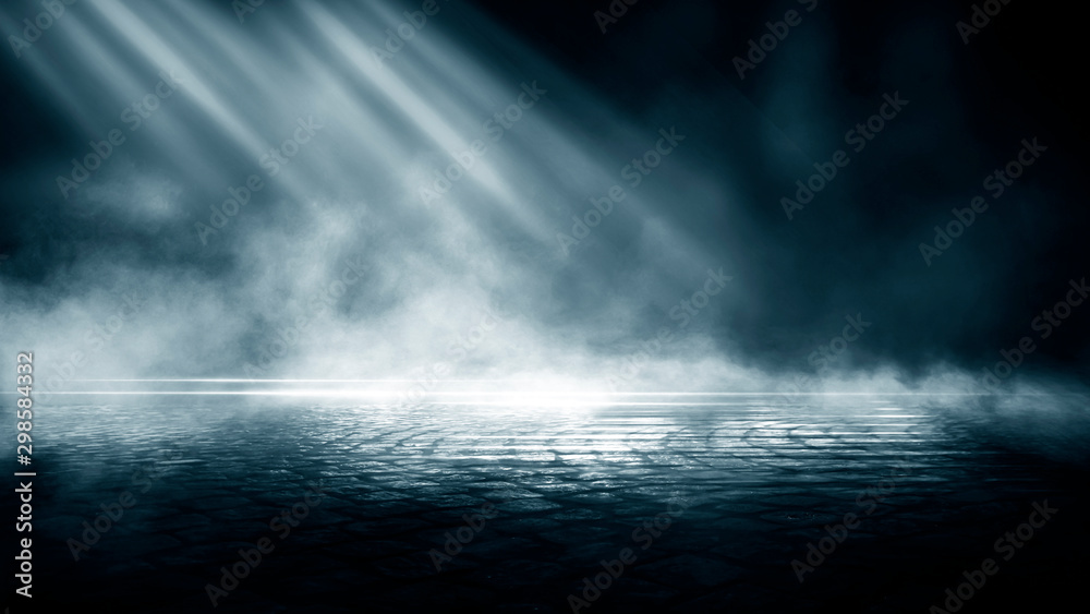 Wet asphalt, reflection of neon lights, a searchlight, smoke. Abstract light in a dark empty street with smoke, smog. Dark background scene of empty street, night view, night city.