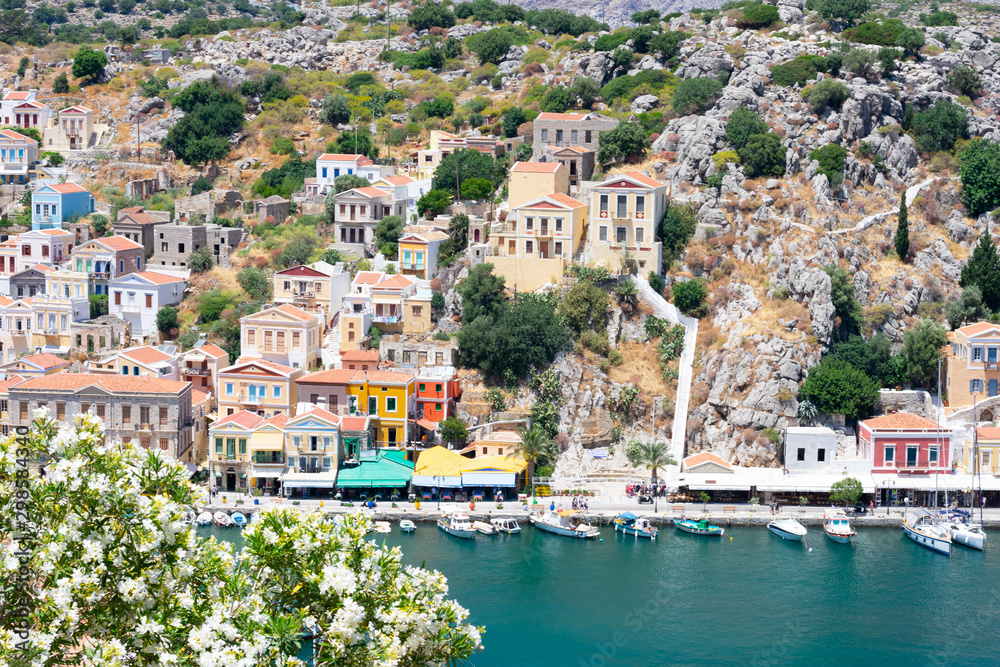 Picturesque view on tiny colorful houses on rocks through blooming white oleander tree near the Mediterranian sea on Greek island in sunny summer day, vacation on exotic islands