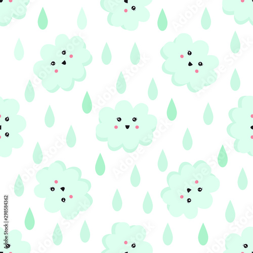 Cute seamless pattern with smiling clouds and raindrops. Wallpaper for kids.