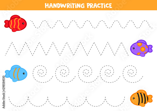 Educational worksheet for preschool kids. Handwriting practice with cute colorful fish. 