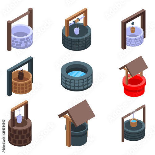 Water well icons set. Isometric set of water well vector icons for web design isolated on white background