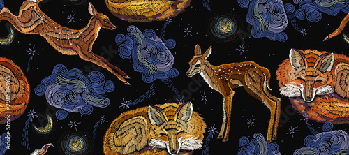 Embroidery sleeping fox, deer and night sky, horizontal seamless pattern. Good night art. Fashionable template for design of clothes