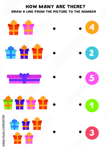 Educational worksheet for kids. How many are there. Count the gift boxes. © Milya Shaykh