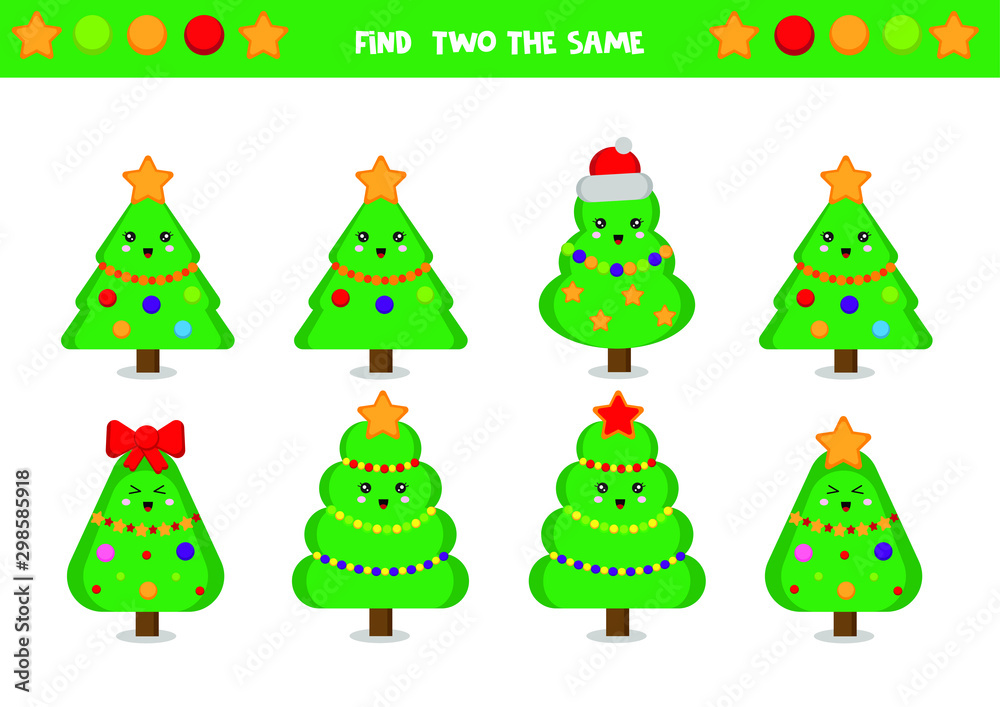 Find two the same christmas trees. Educational game for kids. printable worksheet Find two the same christmas trees. Educational game for kids. printable worksheet