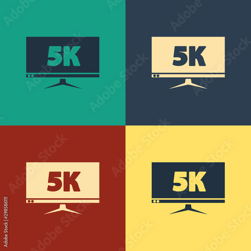 Color Computer PC monitor display with 5k video technology icon isolated on color background. Vintage style drawing. Vector Illustration