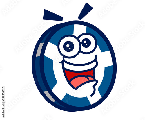 Cute blue and white poker chip laughing - mascot vector illustration