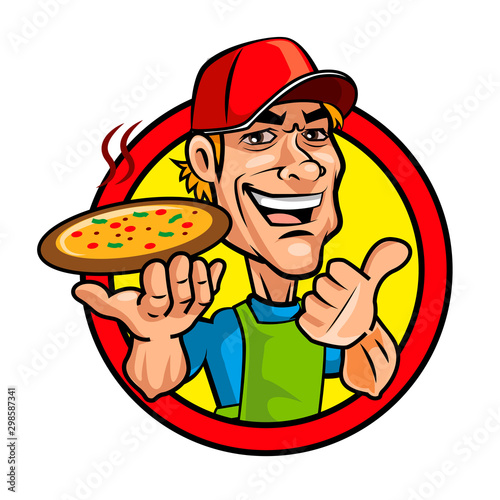 Pizza chef wearing red cap  holding a yummy pizza  good hand sign. vector mascot character illustration