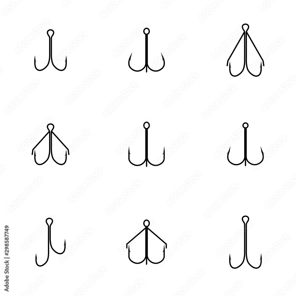 Set of different double and triple hooks, vector illustration. Set of different double and triple hooks, vector illustration.