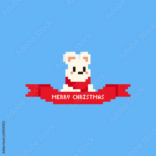 Pixel polar bear with red ribbon.Christmas.8bit.