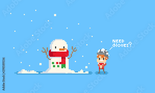 Pixel cute boy asking snowman about gloves with snow drop aroud character.8bit. © Patinya_P_Ang