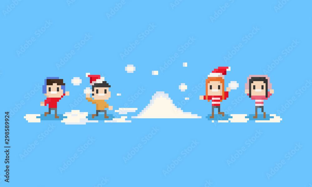 Pixel happy children playing the snow.8bit.christmas.