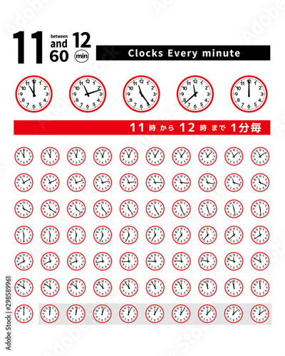シンプル 時計 11時  1分 1分毎 5分 45分 30分 60分 赤い フレーム