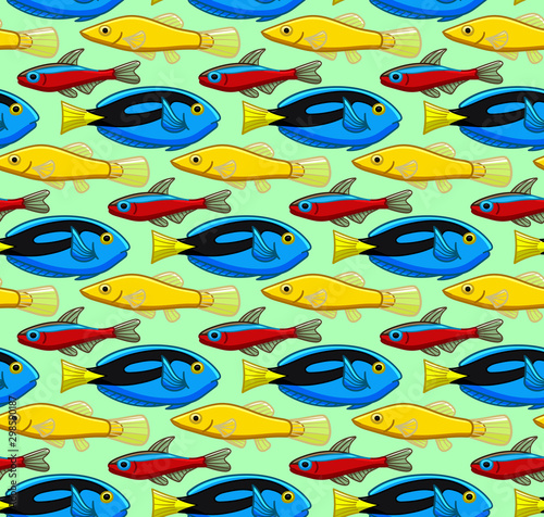 Seamless pattern with Surgeonfishes, Bloodfin tetra and Chinese Algae Eater fishes