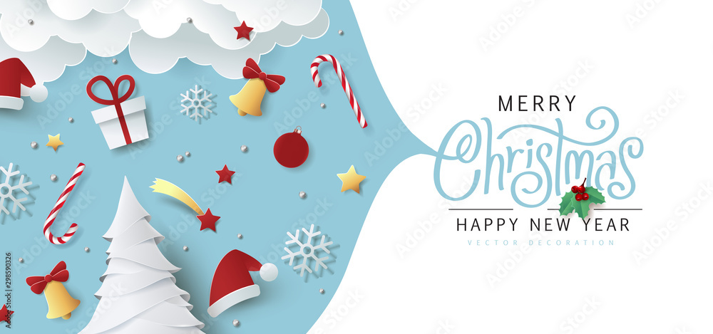 Fototapeta Winter christmas composition in paper cut style.Merry Christmas text Calligraphic Lettering Vector illustration.