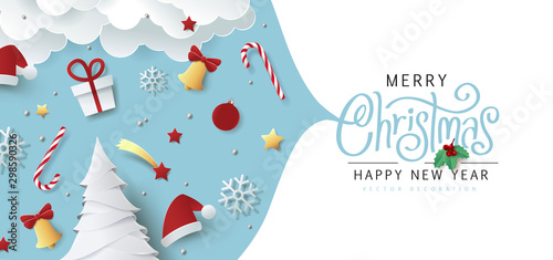 Winter christmas composition in paper cut style.Merry Christmas text Calligraphic Lettering Vector illustration.