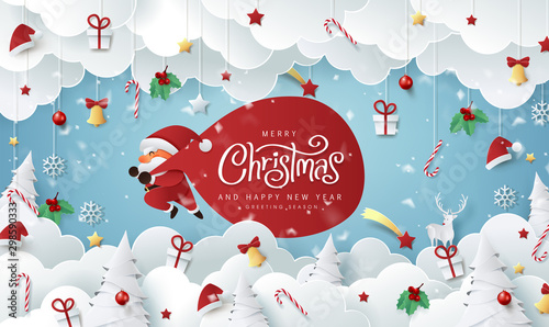 Winter christmas composition in paper cut style.Merry Christmas text Calligraphic Lettering Vector illustration.