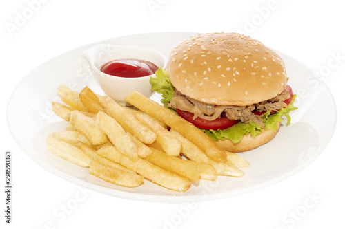 Asian style hamburger with fried potatoes on a plate. Isolated on a white background.