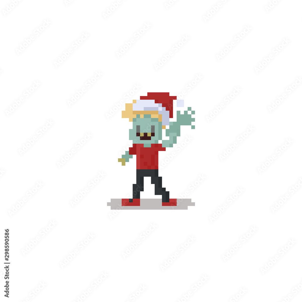 Pixel Happy zombie boy wearing santa hat.Christmas.8bit. Pixel Happy zombie boy wearing santa hat.Christmas.8bit.