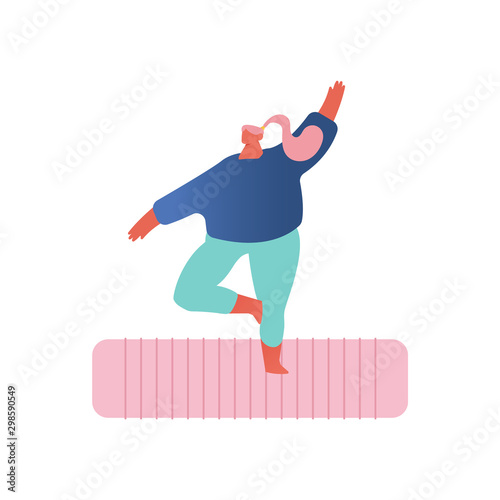 Yoga Practice. Overweight Girl in Sports Wear Standing on Mat Engage Fitness or Yoga on White Background. Aerobics Healthy Sport Lifestyle Pilates Workout Training. Cartoon Flat Vector Illustration