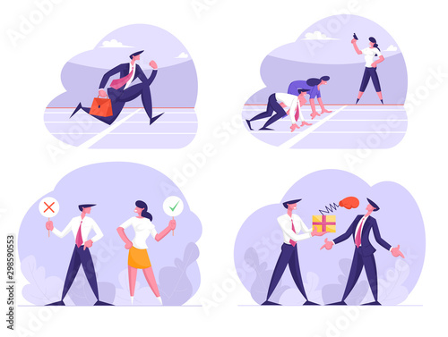 Business Marathon Competition, Politics Voting and Unfair Fighting Set. Businesspeople Running and Competing on Stadium Track, Holding Yes No Signs, Boxing Punching Cartoon Flat Vector Illustration