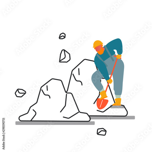 Coal Mining Concept. Miner Character in Working Robe and Helmet Work on Quarry with Tool Loading Coal with Shovel on White Background. Extraction Industry. Cartoon Flat Vector Illustration, Line Art