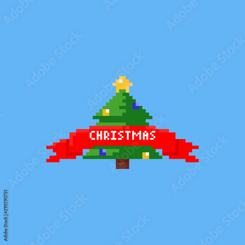 Pixel christmas tree with red ribbon.8bit.