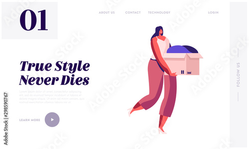 Donation Welfare Website Landing Page. Young Woman Caring Altruistic Volunteer Collecting Clothes to Cardboard Box for Donation to Poor Homeless People Web Page Banner Cartoon Flat Vector Illustration