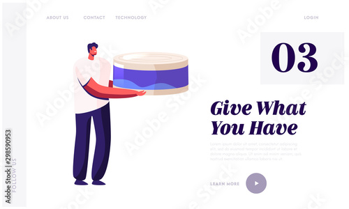 Volunteer Bringing Food to Poor People Website Landing Page. Man Holding Huge Canning Food Jar for Collecting Donation Box for Beggars and Homeless Web Page Banner. Cartoon Flat Vector Illustration