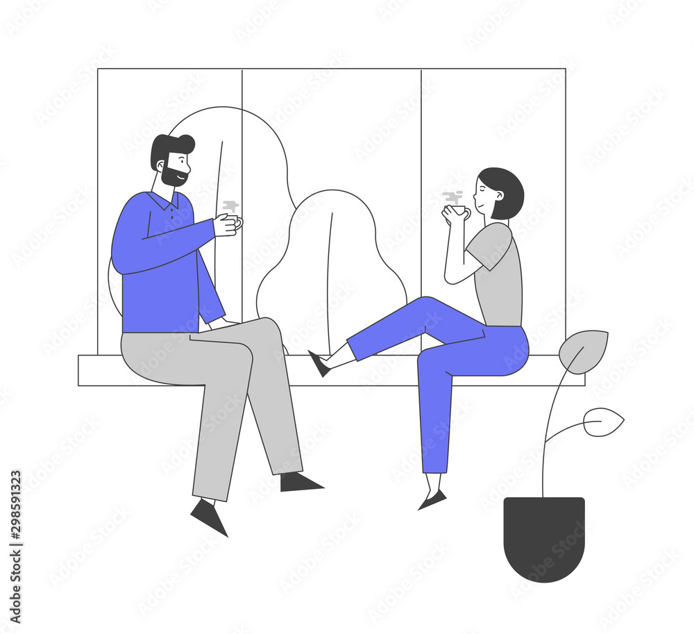 Young Loving Couple Sitting on Windowsill in Living Room Drinking Tea. Man and Woman Together on Weekend Evening. Love, Leisure, Family Sparetime, Day Off Cartoon Flat Vector Illustration, Line Art