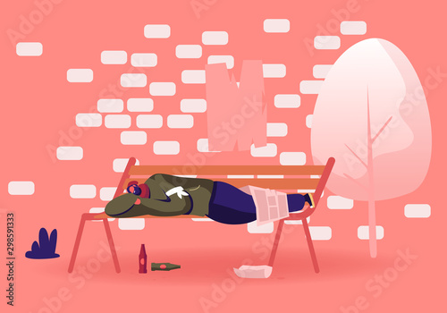 Homeless Bum Poor Male Depressed Character in Dirty Ragged Clothes Sleeping on Bench in City Park with Empty Alcohol Bottles beneath. Drunk Man Pauper Live on Street. Cartoon Flat Vector Illustration