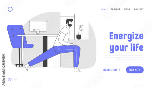 Man Doing Morning Exercises or Break during Working Time at Home Website Landing Page. Conducting Healthy Lifestyle Doing Stretching Lunges Web Page Banner. Cartoon Flat Vector Illustration, Line Art