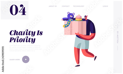Man Carry Box with Kids Toys for Donating Website Landing Page. Charity Organization Help Children in Troubles and Poor Families with Finance Problems Web Page Banner. Cartoon Flat Vector Illustration