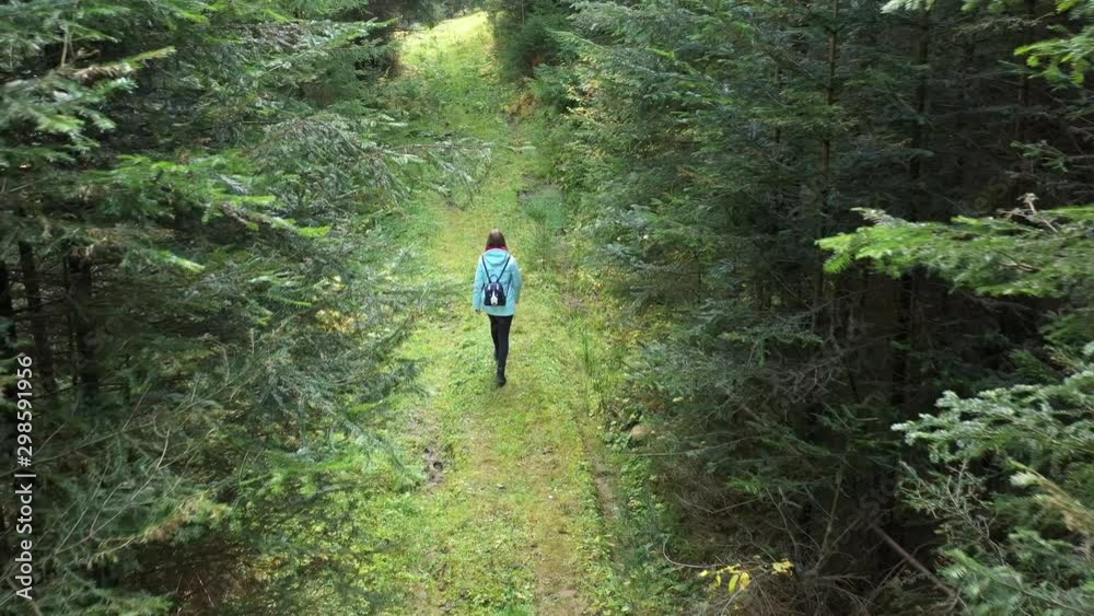 Girl walking in the wild forest. Carpathian forest. Autumn forest. Girl walking in the wild forest. Carpathian forest. Autumn forest.