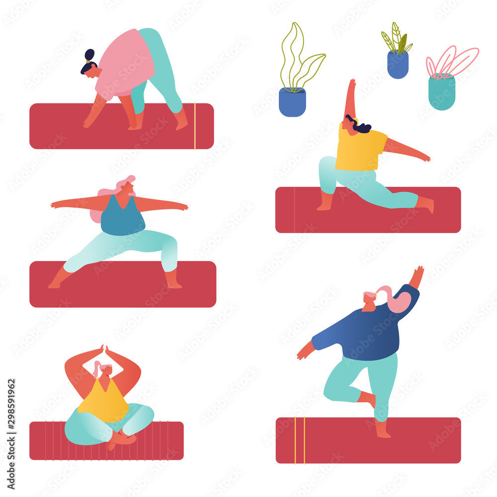People Practicing Yoga Set. Yogi Women Group Doing Yoga Exercises on Mats at Studio. Fitness, Sport and Healthy Lifestyle Concept, Personal Trainer Workout Class. Cartoon Flat Vector Illustration People Practicing Yoga Set. Yogi Women Group Doing Yoga Exercises on Mats at Studio. Fitness, Sport and Healthy Lifestyle Concept, Personal Trainer Workout Class. Cartoon Flat Vector Illustration