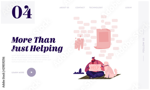 Homeless Unemployed Man Asking Support in Trouble Situation Website Landing Page. Bum with Dog Sitting on Ground on Street Holding Banner Need Help Web Page Banner. Cartoon Flat Vector Illustration