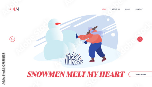 Snowballs Battle Website Landing Page. Woman Playing Snow Balls Fight on Snowy Winter Landscape Outdoors Background. Girl Hiding behind of Ice Fortress Web Page Banner Cartoon Flat Vector Illustration