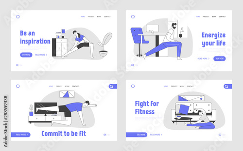 Gymnastics Workout at Home Website Landing Page Set. People Doing Fitness Exercises for Flexibility and Fit Body in Domestic Room Interior Web Page Banner. Cartoon Flat Vector Illustration, Line Art