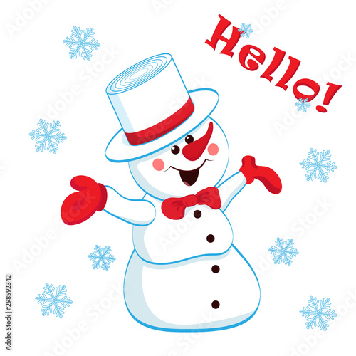 Cheerful snowman in a hat and mittens isolated on white background, snowflakes and inscription hello