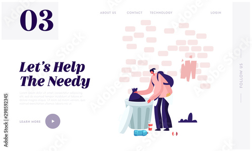 Homelessness and Unemployment Website Landing Page. Homeless Jobless Poor Woman Fumble in Litter Bin Searching Something to Eat. City Bum Lifestyle Web Page Banner. Cartoon Flat Vector Illustration
