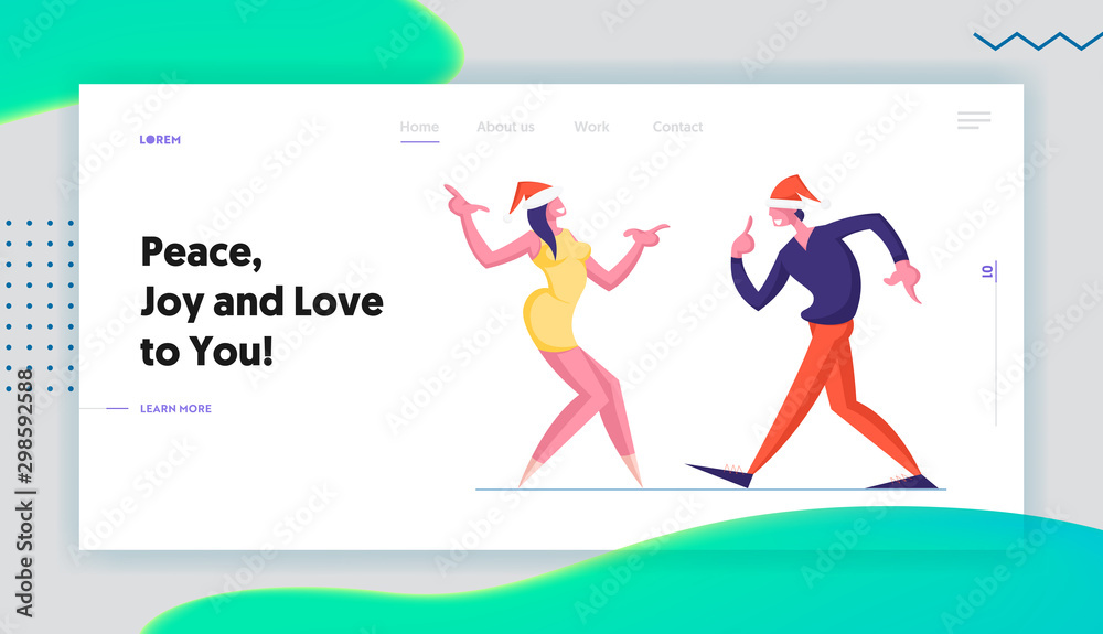 Happy People Dancing on Corporate or Home Party Website Landing Page. Man and Woman in Santa Hats Dance New Year Holidays or Christmas Celebration Web Page Banner. Cartoon Flat Vector Illustration